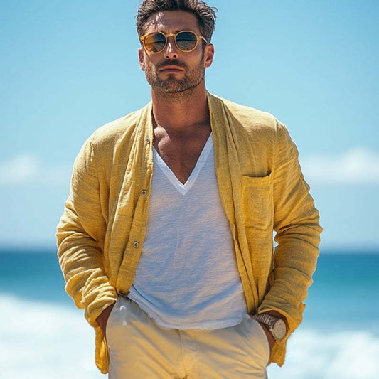 Men's Casual Bright Yellow Cotton And Linen Long Sleeve Shirt MTA1820C7U