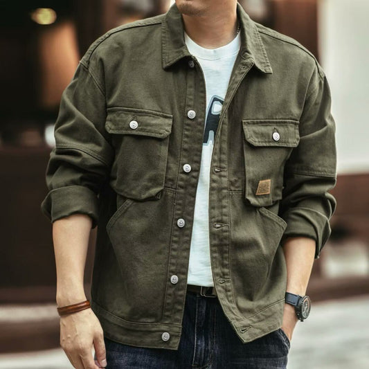 Men's Military-Style Utility Jacket with Multiple Pockets for Outdoor Adventures