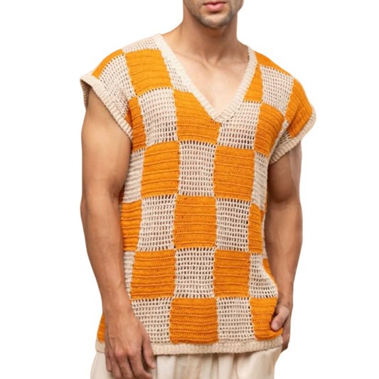 Men's Casual V-Neck Check Jacquard Breathable Loose Knitted Tank Top MTA0747D1M