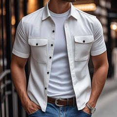 Men's Casual Comfort Cotton Lapel Chest Pocket Loose Short Sleeve Shirt MTA2738C2M