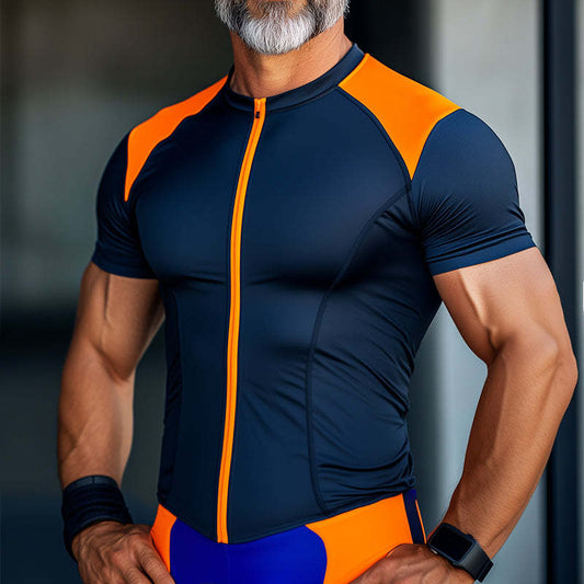 Men's Retro Casual Quick Dry Zipper Collarless Short Sports Short Sleeve T-shirt MTA2754C9TO