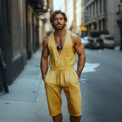 Men's Spring And Summer Fashion Casual Deep V-Neck Cotton And Linen Tank Top Length To Knee Shorts Jumpsuit MTA0964D4K