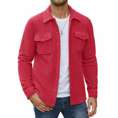 Red Button-Up Fleece Shirt Jacket with Chest Pockets
