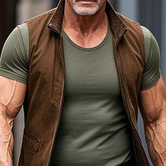 Men's Vintage Brown Suede Stand Collar Vest 88217572P