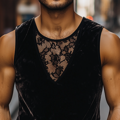 Men's Fashion Casual Round Neck Lace Stitching Velvet Tank Top MTA2517C4K
