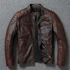 Classic Motorcycle Jacket With Distressed Finish For Men