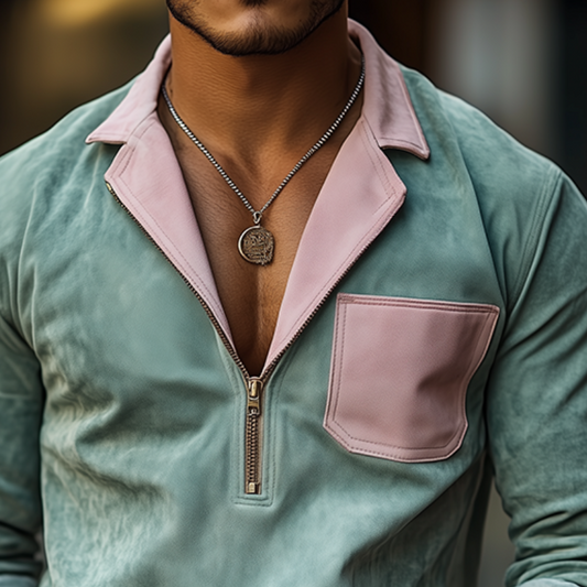 Men's Spring Fashion Casual Contrast Color Stitching Lapel Zipper Suede Long Sleeve Shirt MTA0363D9K