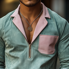 Men's Spring Fashion Casual Contrast Color Stitching Lapel Zipper Suede Long Sleeve Shirt MTA0363D9K