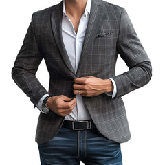 Men's Spring And Autumn Basic Gray Plaid Two-Button Blazer MTA0281D8U