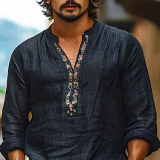 Men's Cotton And Linen Breathable Printed V-Neck Long Sleeve Shirt 44077225Y