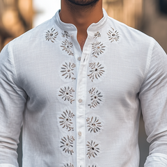 Men's Spring Fashion Retro Stand Collar Embroidered Cotton And Linen Long Sleeve Shirt MTA3135C0K