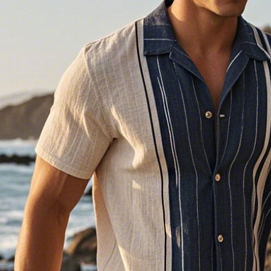 Men's Retro Casual Linen Striped Colorblock Printed Lapel Short Sleeve Shirt MTA2750C2TO