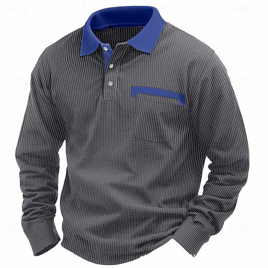 Stylish Long Sleeve Polo Shirt With Contrast Collar And Pocket Design For Men