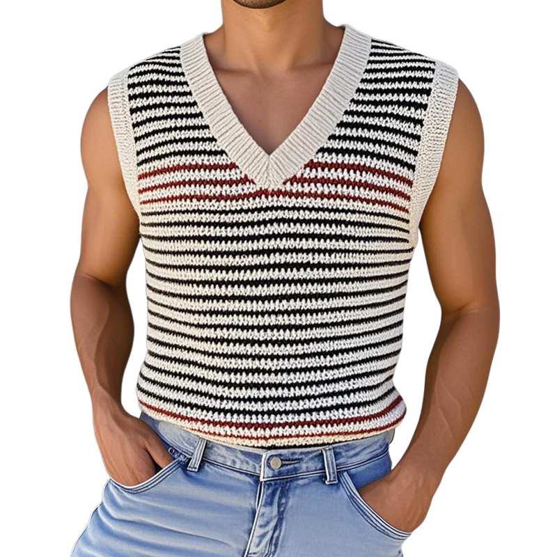 Men's Casual V Neck Contrast Color Striped Knitted Tank Top MTA0787D6M