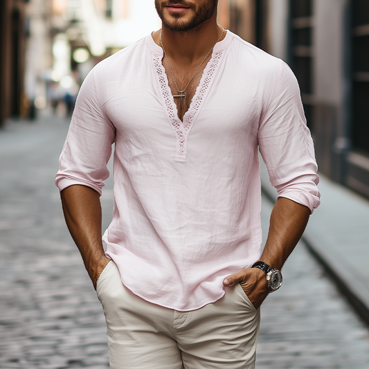 Men's Spring And Summer Casual Skin-friendly Cotton And Linen Seep V-neck Splicing Lace Shirt MTA2149C5K