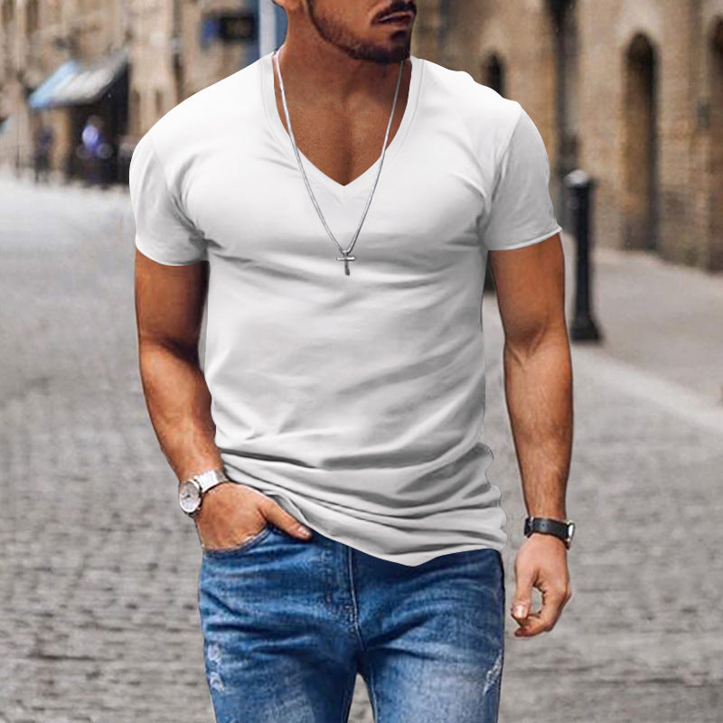 Men's Solid Color Knitted V-Neck Casual Short Sleeve T-Shirt MTA0368D9X