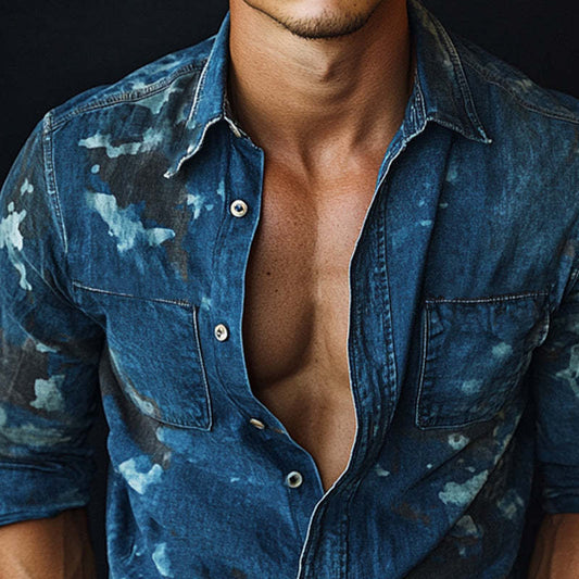 Men's Spring And Autumn Dark Blue Denim Printed Shirt MTA2247C1U