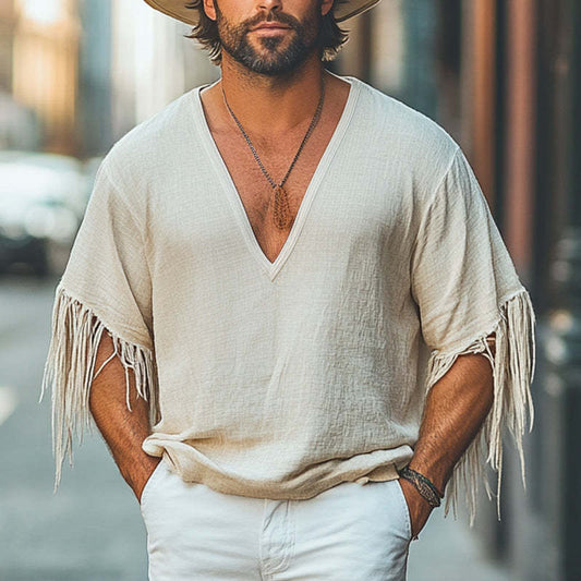 Men's Casual Loose Deep V-Neck Cotton And Linen Tassel T-Shirt MTA1788C2U