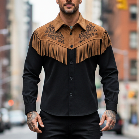 Men's Vintage Western Suede Contrast Embroidered Tassel Long-Sleeve Shirt