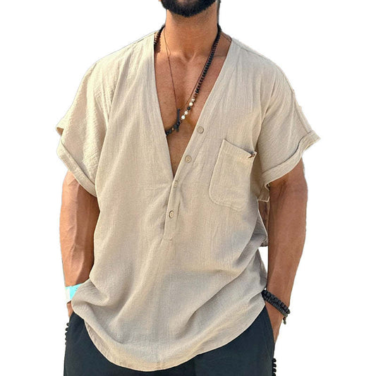 Men's Cotton And Linen V-Neck Short Sleeve Shirt MTA1879C3X