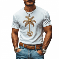 Men's Casual Coconut Tree Embroidery Cotton Round Neck Slim Short Sleeve T-Shirt 90681482M