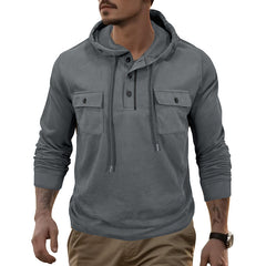Men's Stylish Hooded Henley Sweatshirt with Functional Pockets - Perfect for Casual Wear
