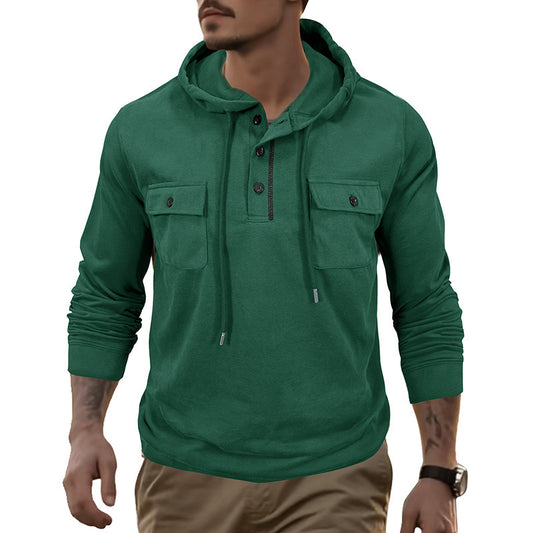 Men's Stylish Hooded Henley Sweatshirt with Functional Pockets - Perfect for Casual Wear