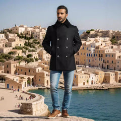 Winter Essential Pea Coat with Faux Fur Collar for Men