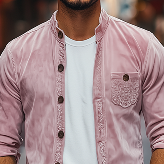 Men's Spring Fashion Casual Stand Collar Embroidered Suede Long Sleeve Shirt MTA3127C8K