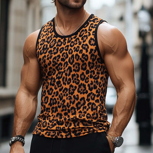 Men's Skin-friendly Breathable V-neck Retro Leopard Print Tank ToP MTA2401C6U