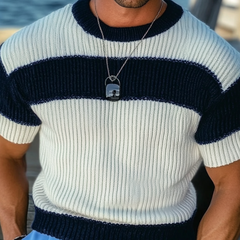 Men's Casual Contrast Color Round Neck Slim Fit Knitted Short Sleeve Sweater T-Shirt MTA1786C7M
