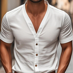 Men's Casual Cotton V-Neck Single-Breasted Slim Fit Short Sleeve Shirt MTA3144C6M