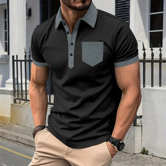Men's Casual Polo Shirt: Chest Pocket, Collared With Buttons, Color-Block T-Shirt Top