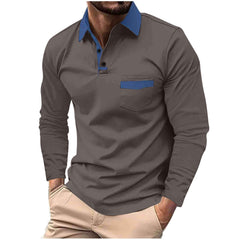 Men's Stylish Long Sleeve Polo Shirt with Contrast Collar and Pocket Design