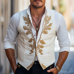 Men's Vintage Gold Embroidered Cotton And Linen Vest MTA2778C6U