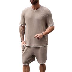 Men's Classic Casual Waffle Short Sleeve T-Shirt Casual Shorts Set 75957107K