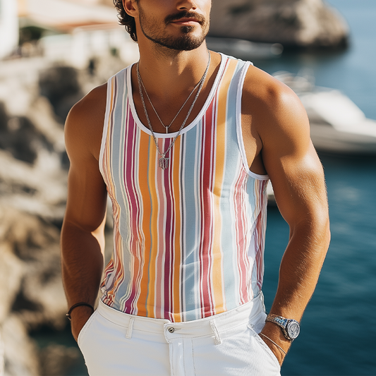 Men's Summer Fashion Casual Contrast Vertical Stripes Printed Tank Top MTA2224C3K