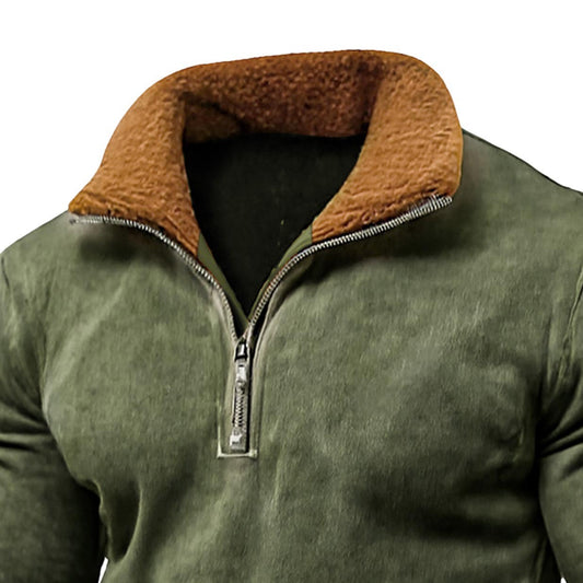 Men's Vintage Outdoor Army Green Suede Color Block Stitching Pocket Quarter Zip Stand Collar Long Sleeve Sweatshirt