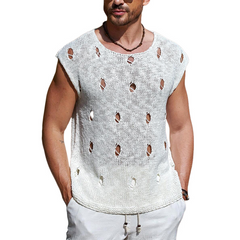 Men's Solid Color Ripped Crew Neck Knit Tank Tops MTA2813C9X