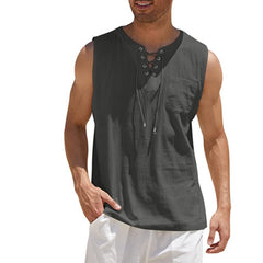 Men's Casual Lace-Up Neck Chest Pocket Sleeveless Vest Tank Top