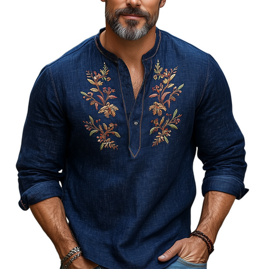 Men's Navy Blue Cotton And Linen Vintage Embroidered Long Sleeve T-Shirt 43526691U