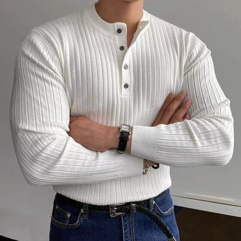 Stylish White Ribbed Henley Sweater for Men - Perfect for Casual and Smart-Casual Outfits