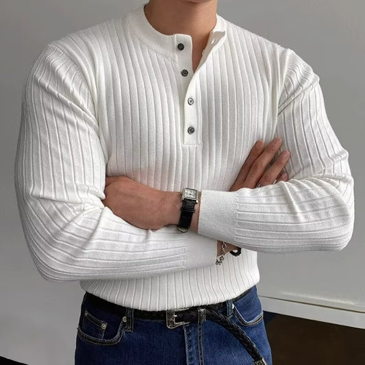 Stylish White Ribbed Henley Sweater for Men - Perfect for Casual and Smart-Casual Outfits