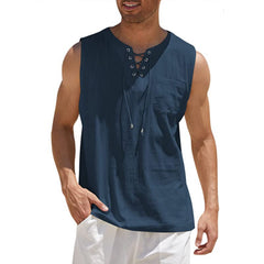 Men's Casual Lace-Up Neck Chest Pocket Sleeveless Vest Tank Top