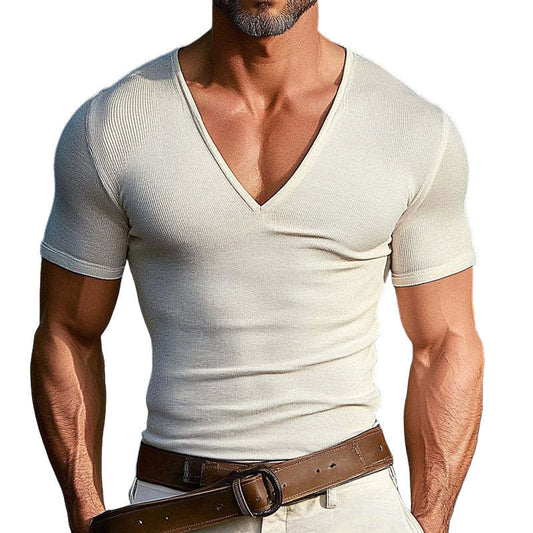 Men's Solid Color Knitted V-Neck Casual Short Sleeve T-Shirt MTA0368D9X