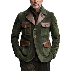 Men's Vintage Suede And Leather Multi-Pocket Single-Breasted Blazer 29769161Y