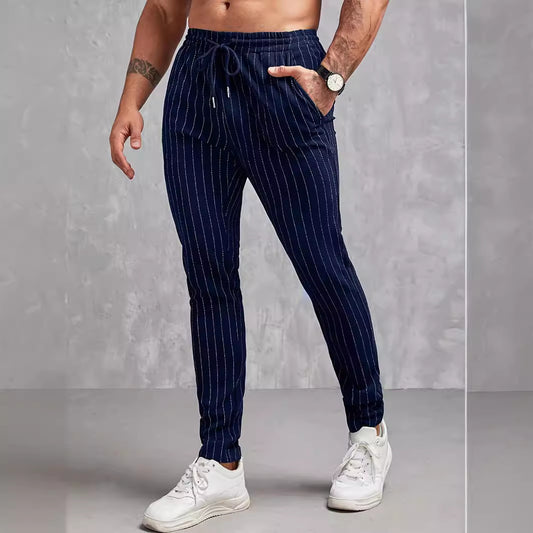 Men's Stylish Striped Jogger Pants With Adjustable Drawstring For Casual Wear