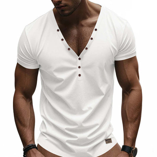 Men's Solid Color Cotton V-Neck Short Sleeve T-Shirt MTA0144D2X