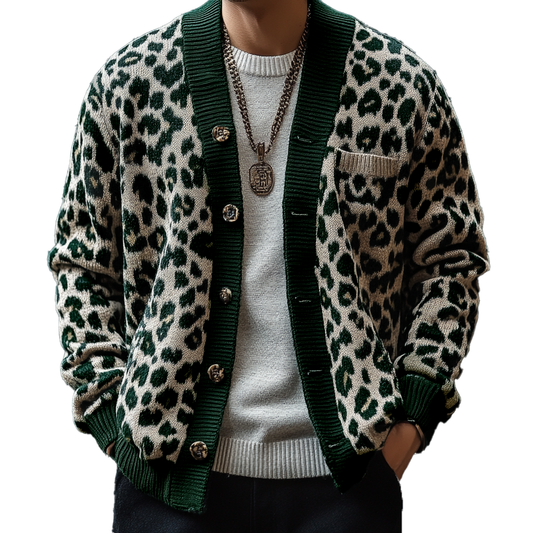 Men's Vintage Leopard Jacquard Colorblock Single Breasted Cardigan 17268231Y