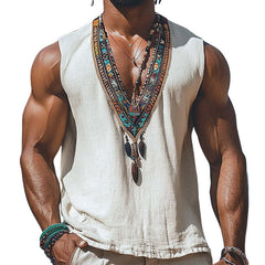 Men's Summer Retro Deep V Neck Cotton And Linen Embroidered Tank Top MTA0938D8U